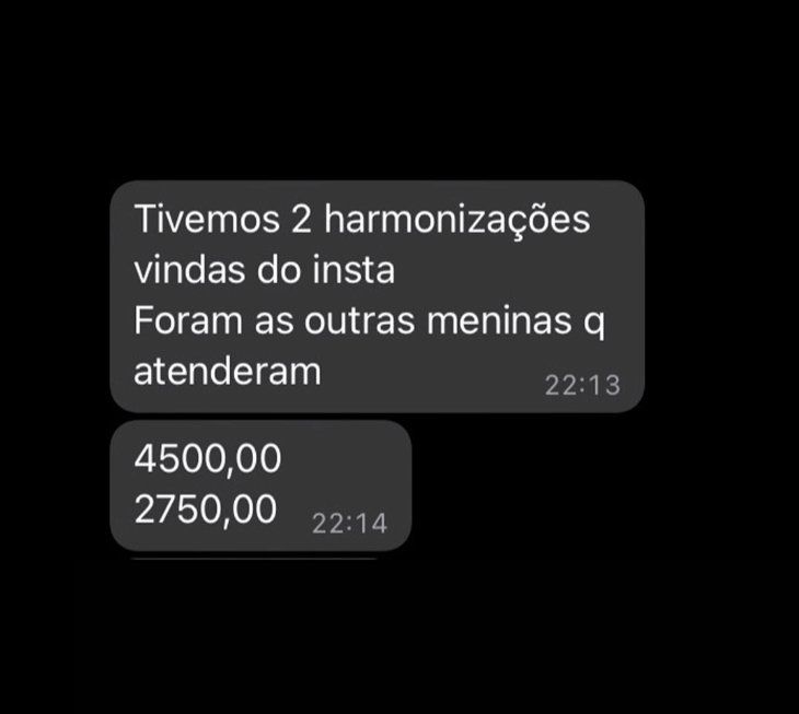 Mensagem de cliente sobre harmonizações vindas do Instagram